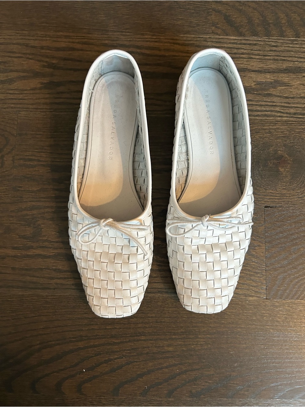 Freda Salvador Cream Woven Leather Ballet Flats with Bow Accent